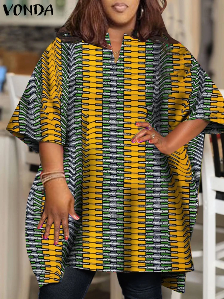 Plus Size 5XL VONDA Women Blouse 2025 Short Sleeve Printed Tops Female Blouses Vintage V-Neck Tunic Casual Loose Shirts Oversize