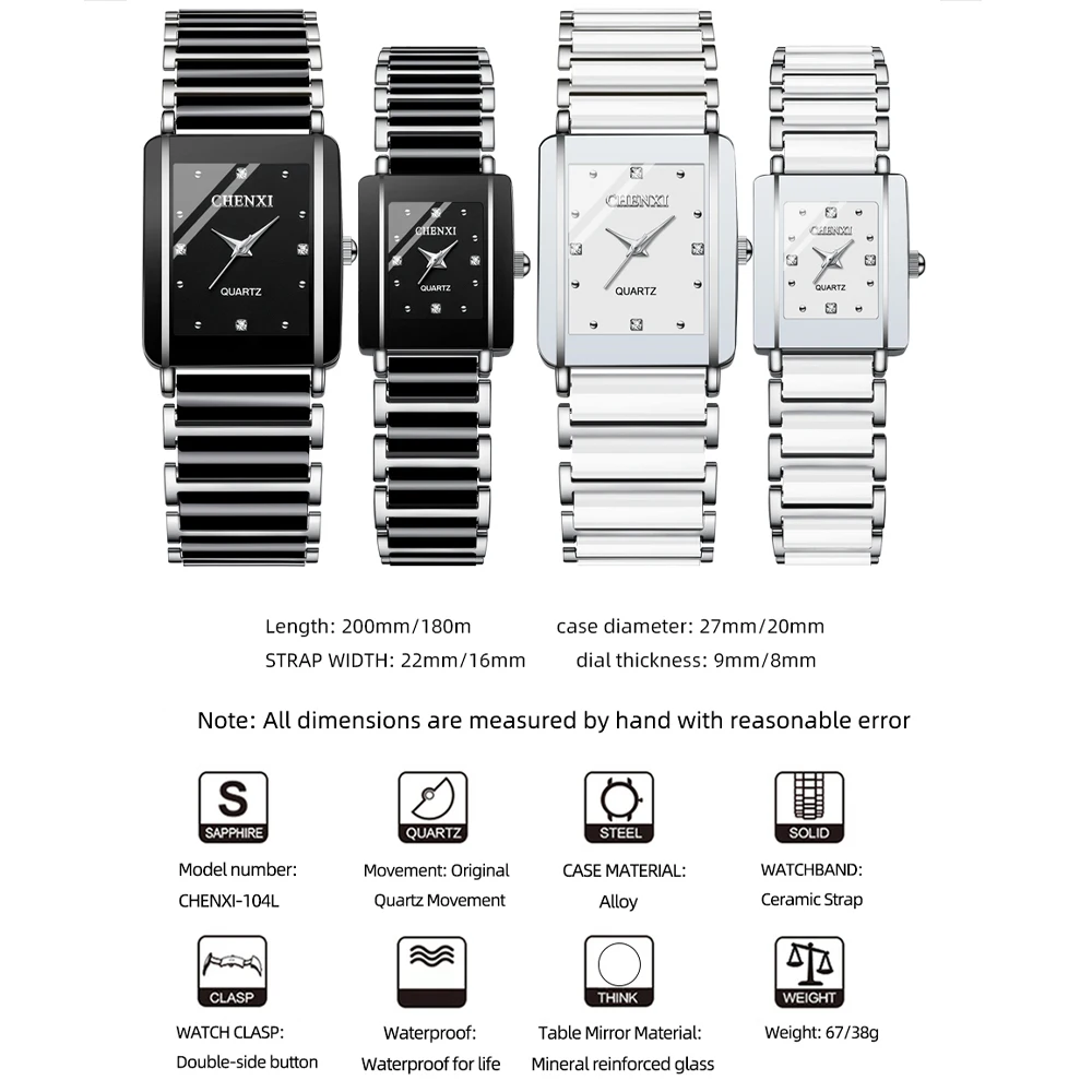 Chenxi 커플용 방수 시계, 도자기와 금속 스트랩, 남녀공용 럭셔리 브랜드, 104A