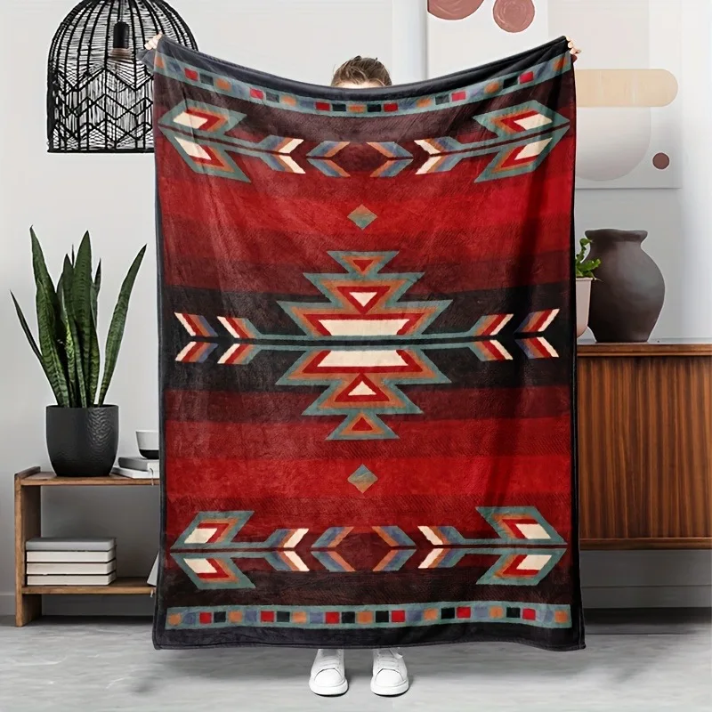Bohemian-inspirierte Flanell-Überwurfdecke mit rotem geometrischem Muster – weich, wendbar und langlebig für alle Jahreszeiten, perfekt für die Couch