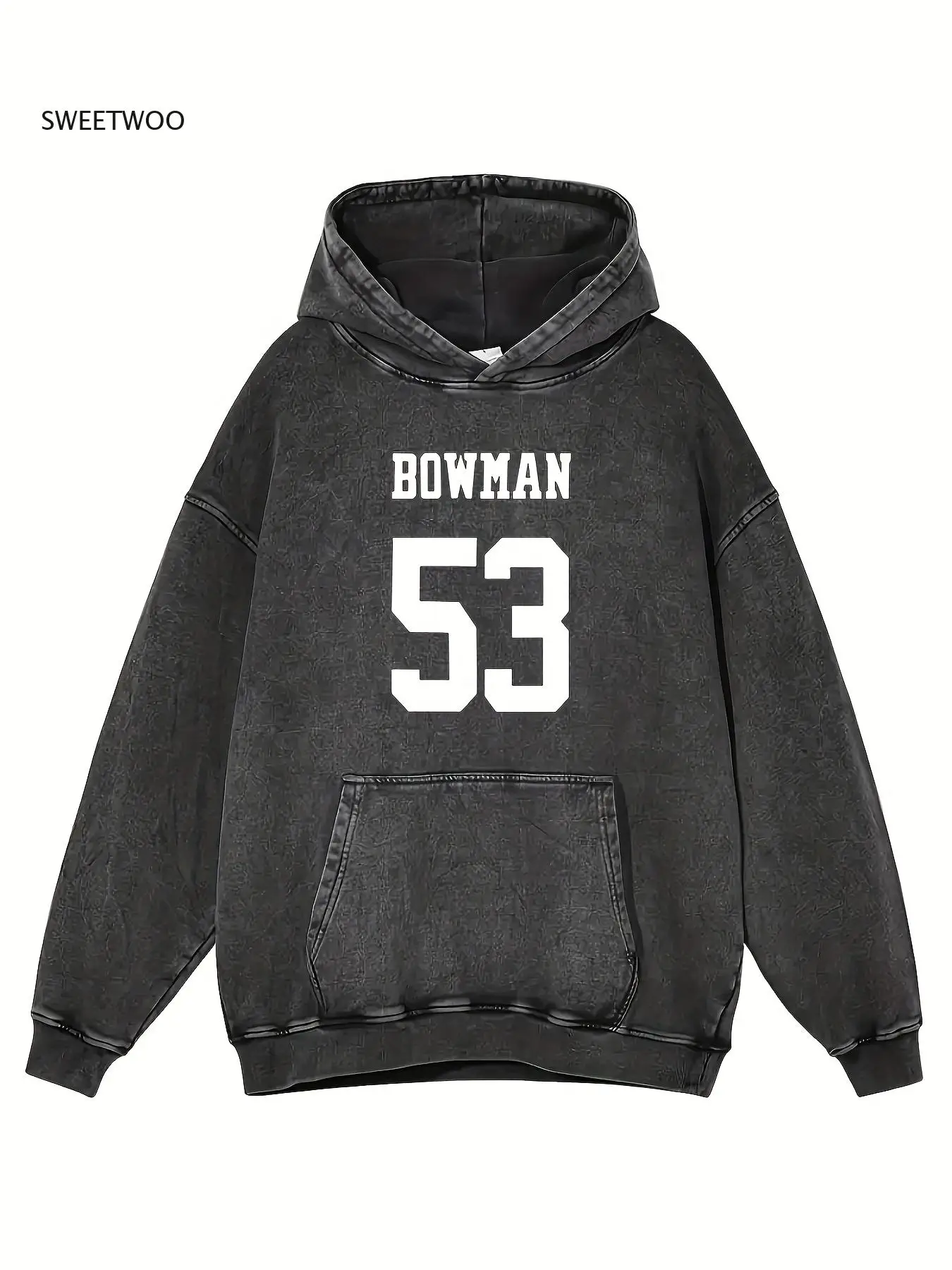 เสื้อฮู้ดวินเทจผู้ชายแบบฟอกสีพร้อมลายกราฟิก Bowman 53 - สีดำแบบดิสเทรส สไตล์ลำลอง ทรงปกติ แขนยาว