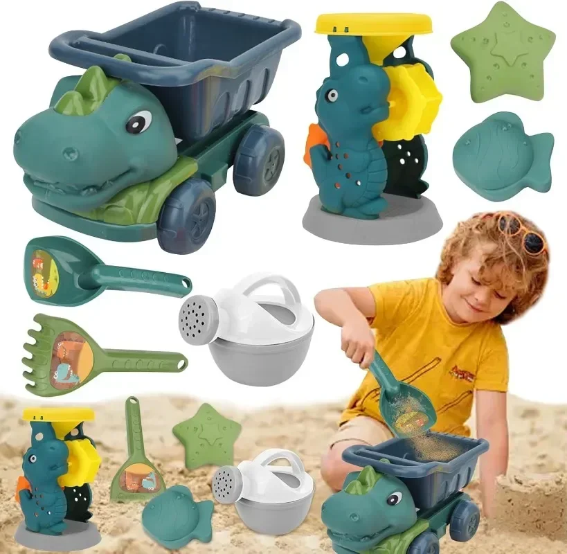 Beach Toy Car & Shovel Set -Dinosaur Themed Sand Toys with Hourglass Dredger Fun Beach Activity Kit for Ages 3-8 Kids Sand Scoop