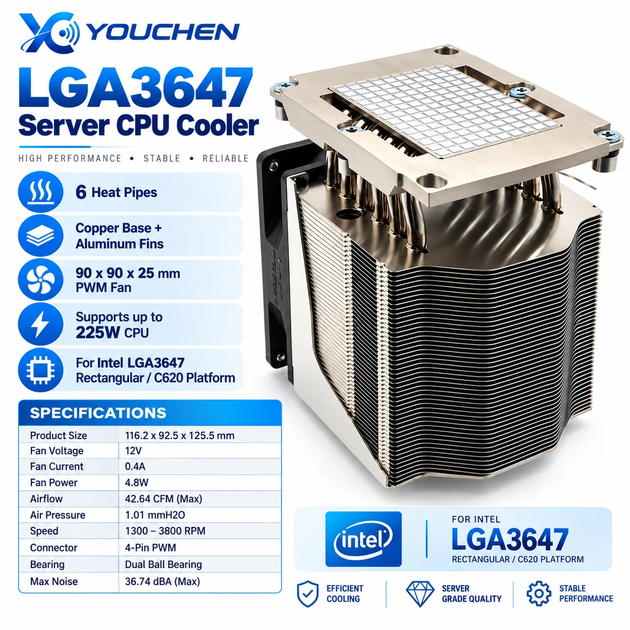 4U LGA3647 Server CPU Cooler 6 Heat Pipes Side-Blow Air Cooling Heatsink with PWM Fan for C620 Platform