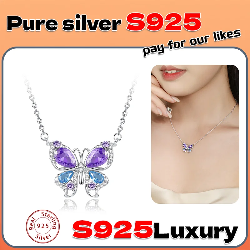 

S925 pure silver colored zircon butterfly necklace for women with niche design, versatile collarbone chain