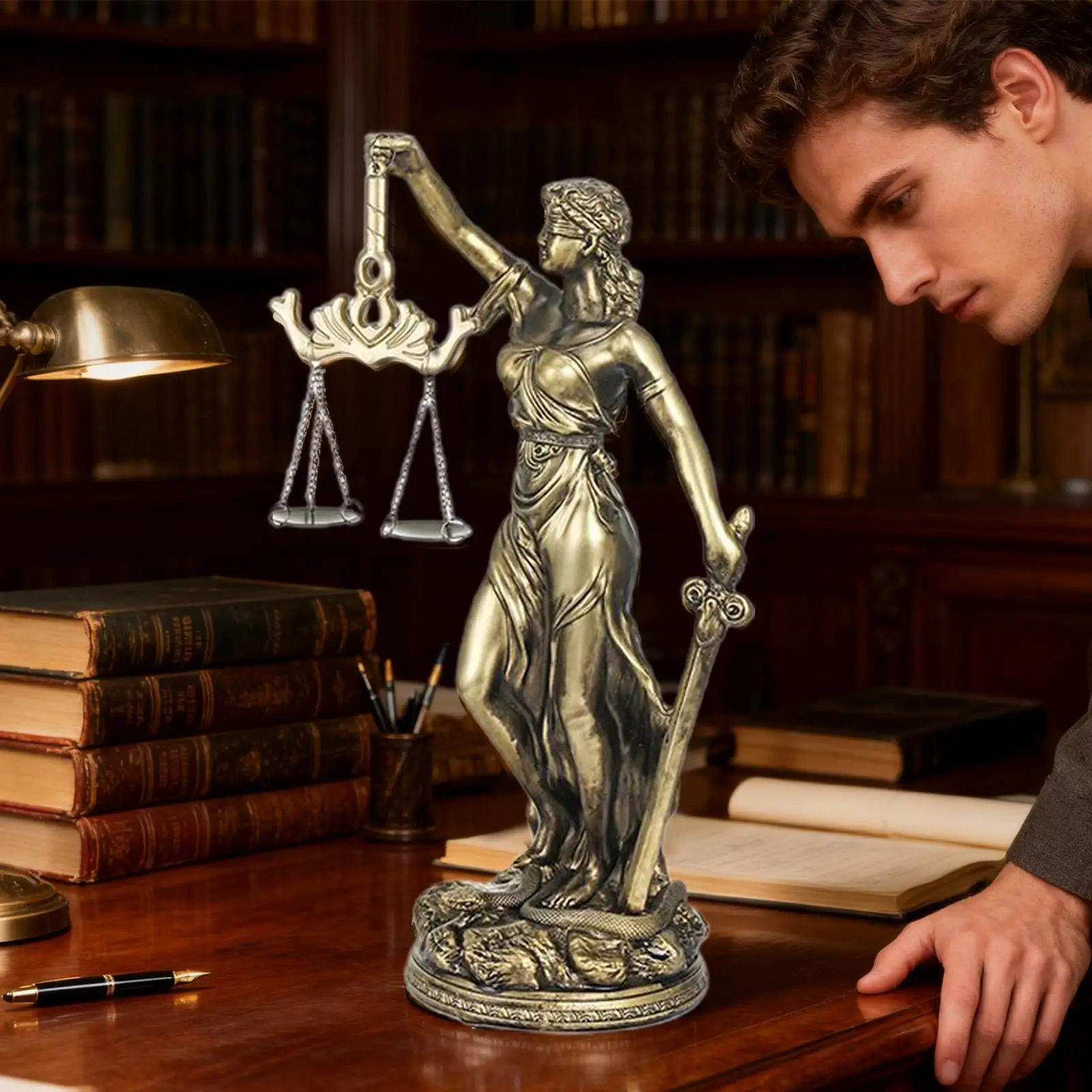 Goddess of Justice Statue Resin Desktop Sculpture Scale of Justice Sculpture for Home Office Study Living Room Bedroom Bedside
