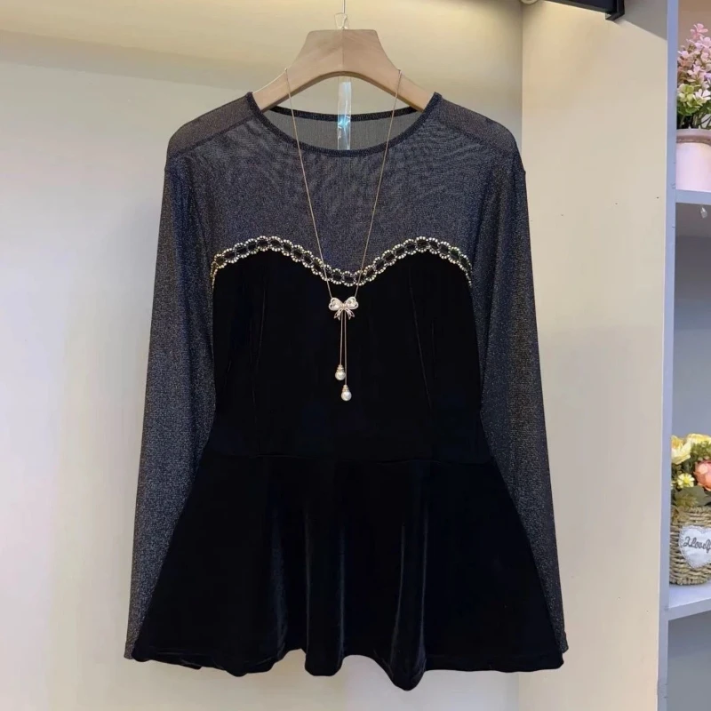 

Женские топы больших размеров из золотистого вельвета с сетчатыми вставками в винтажном стиле, элегантные футболки с длинным рукавом, модная повседневная одежда для весны и осени