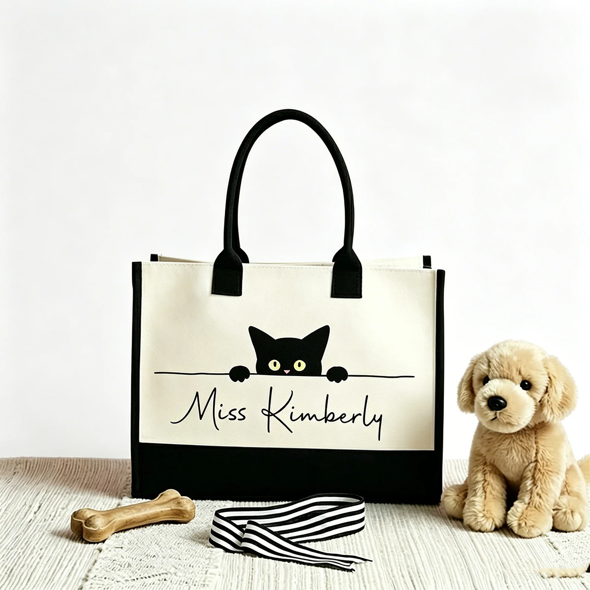 

Custom Cat Portrait Canvas Tote Bag Two Tone Black Bottom Personalized Name Large Capacity Handbag Gift For Dog Cat Lover