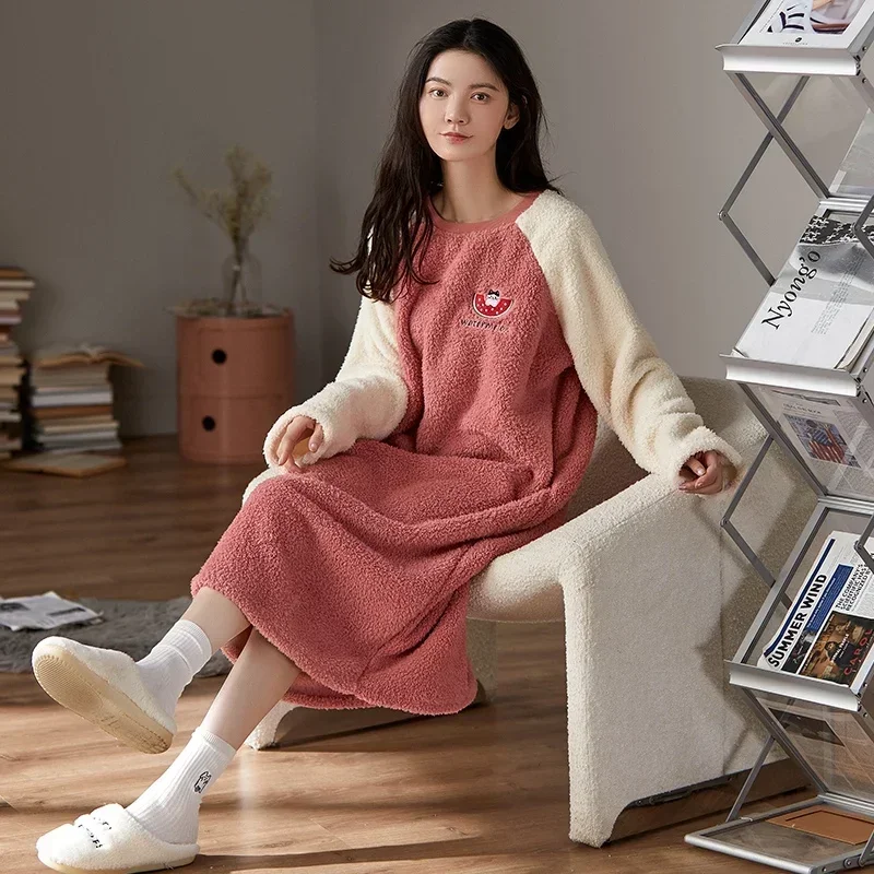 2023 Winter Long Sleeve Thick Warm Flannel Nightgowns for Women Korean Cute Coral Velvet Sleepwear Night Dress Nightdress Nighty