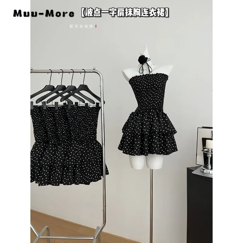 

Women Sexy Strapless Off Shoulder Dots Print Dresses Vestido 2024 Summer Lady Hotsweet Slim Fit High Waist Chiffon Fairy Dress