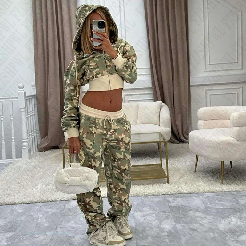 Fashion Women Clothes Camo Y2K Zip up Hoodie Punk Camouflage set Hip Hop Streetwear Pants Vintage American Style Zipper Jacket