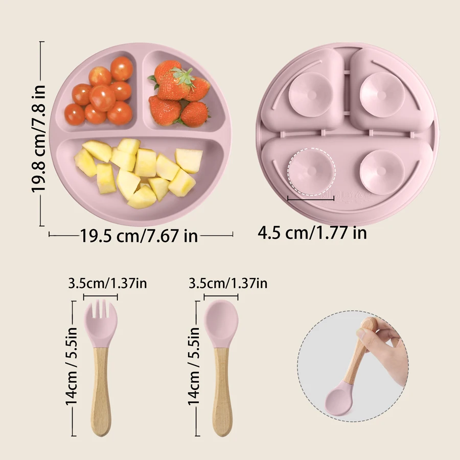 3PCS Silicone Baby Tableware Wooden Handle Fork Spoon Suction Feeding Dishes Baby Meal Tray Feeding Training Sets For Children