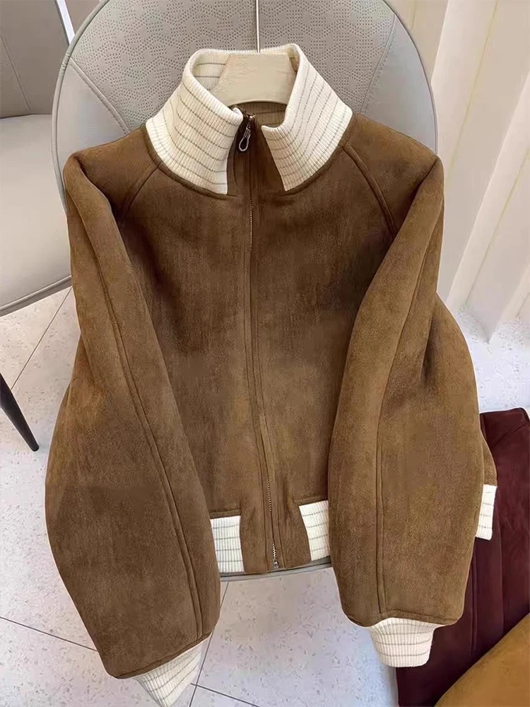 

Retro Knitted Splicing Stand Collar Suede Jaet Women's Autumn Winter Warm Small Size Jaet Top Living a Sle Loose Fit