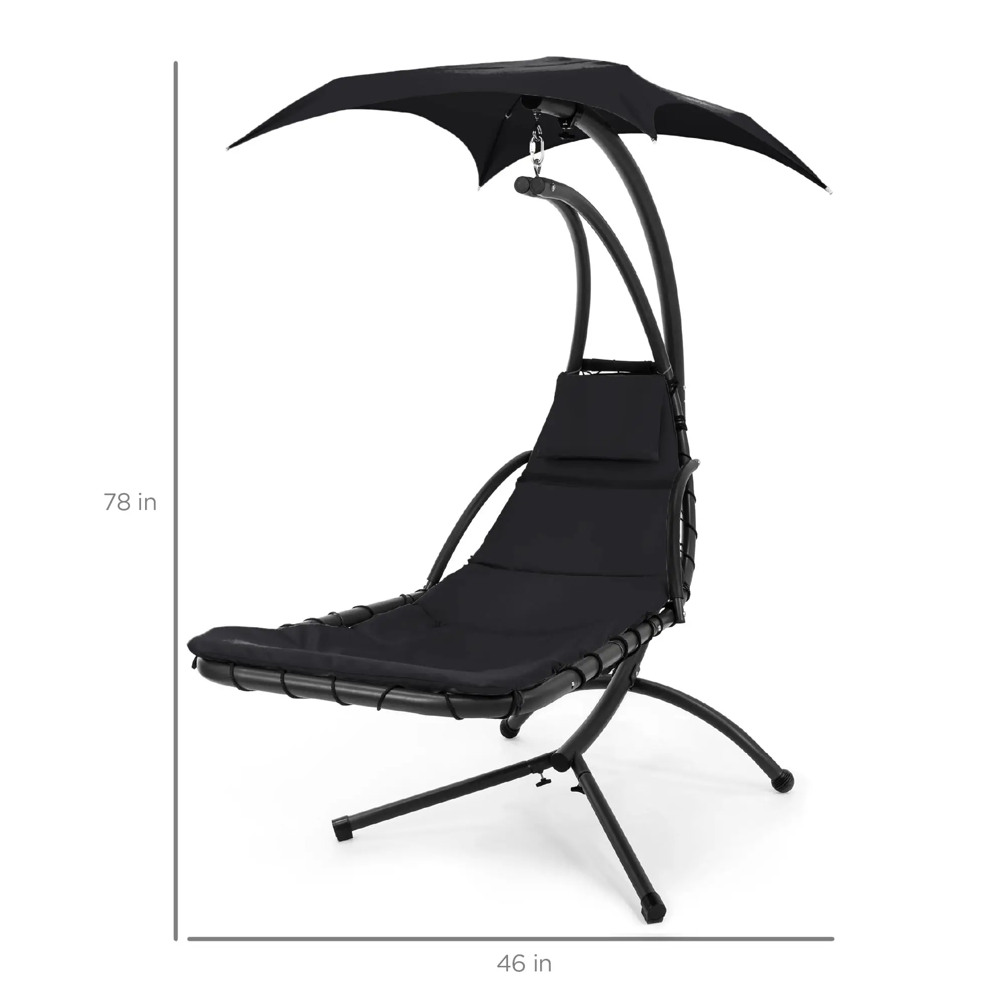 Outdoor Hanging Curved Steel Chaise Lounge Chair Swing w/Built-in Pillow and Removable Canopy - Black