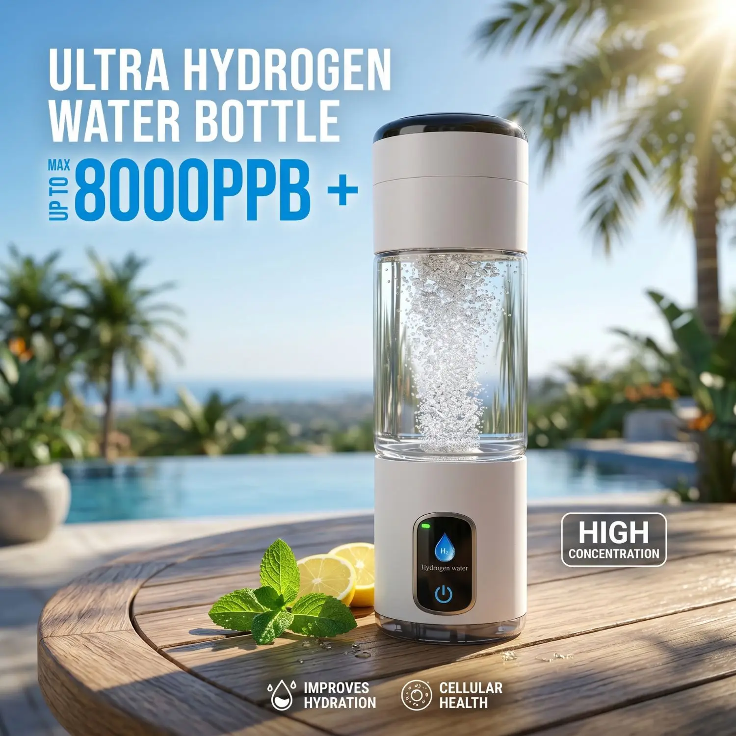 Hydrogen Water Bottle 320ML 8000ppb SPE PEM Hydrogen Water Generator Cup Tritan BPA Free Touch Display USB Rechargeable