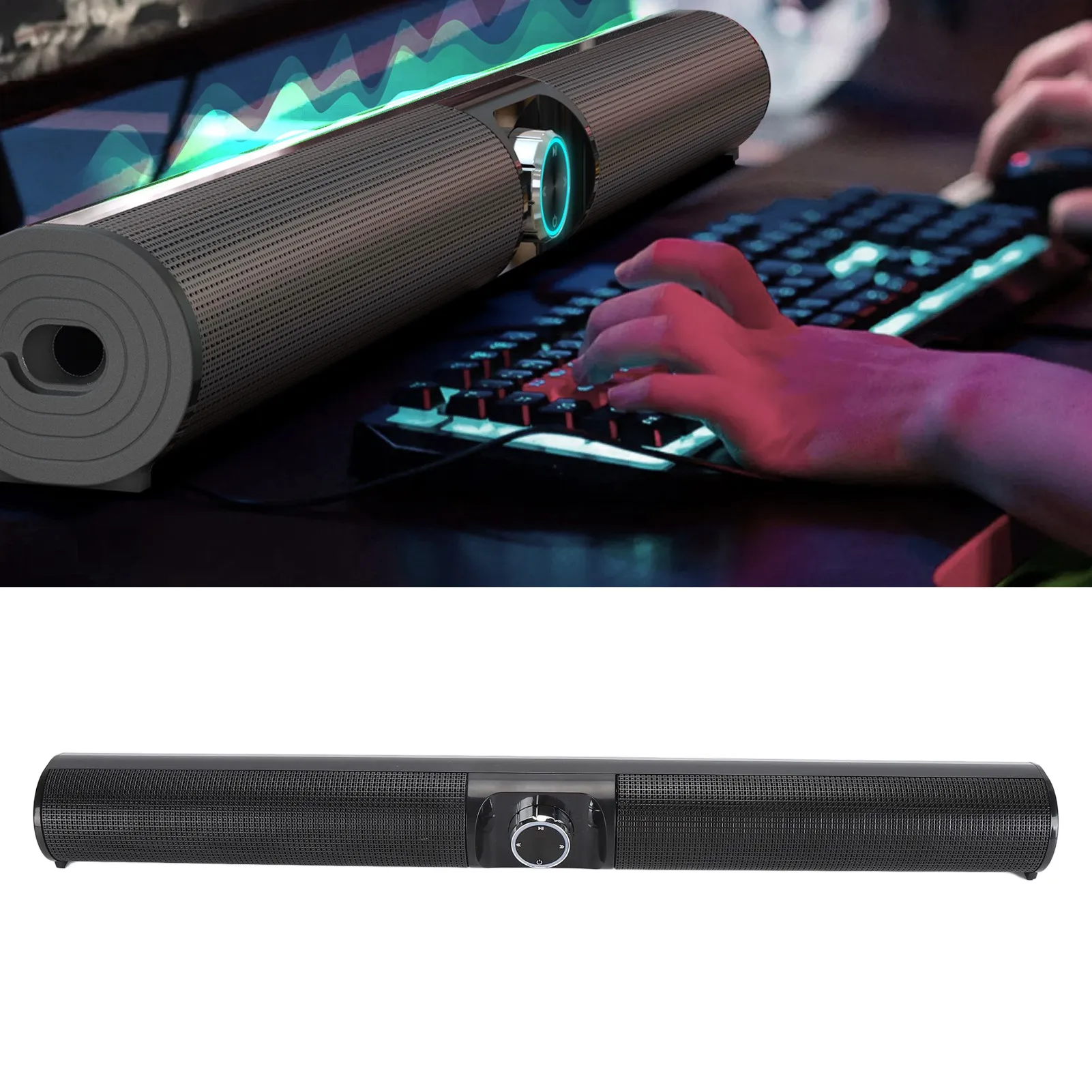 Bluetooth 5.3 Soundbar 20W 3D Stereo Sound Subwoofer Speaker with RGB Ambient Light for Home Theater TV PC Home Theater Soundbar