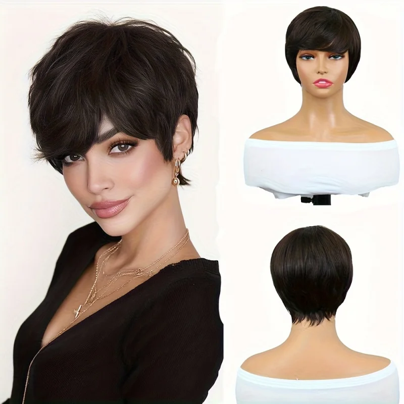 

Elegant Pixie Cut Wig for Women - Short Straight Layered with Fluffy Bangs, Heat Resistant Synthetic Hair Wig