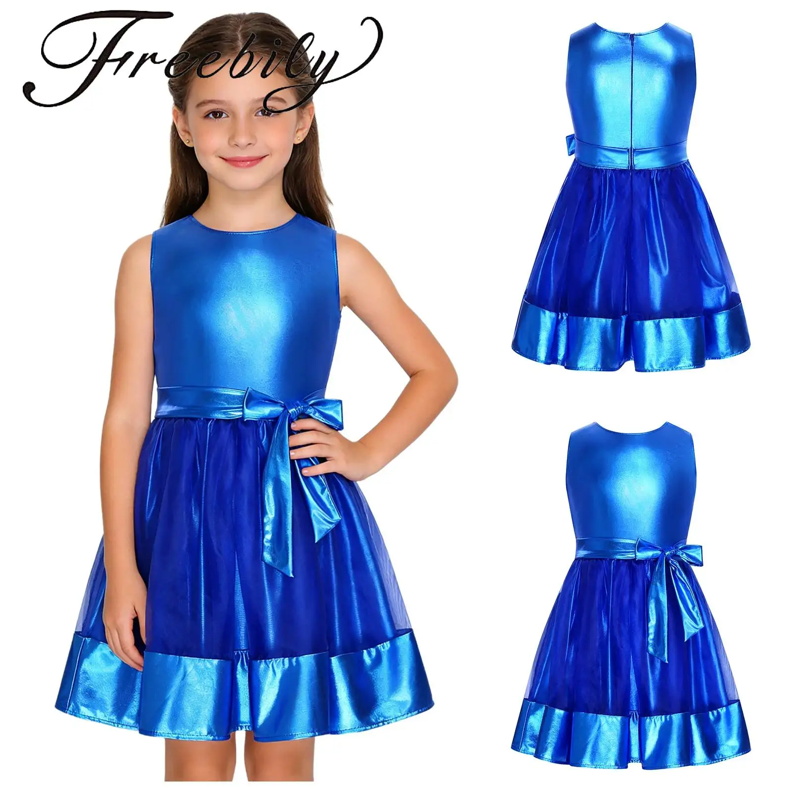 

Kids Girls Metallic Shiny Pageant Dress with Sash Sheer Mesh Hem Sleeveless A-line Tank Dress Party Gown for Birthday Wedding