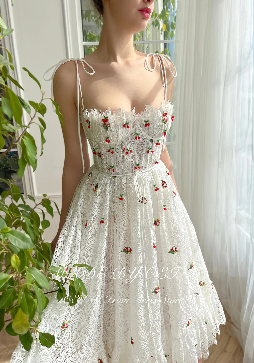 OEING Gentle Lace A-line Wedding Dress Sweet Tea Length Prom Dress 2024 Spaghetti Straps Cherry Party Dress Lace Up Back Pastrol