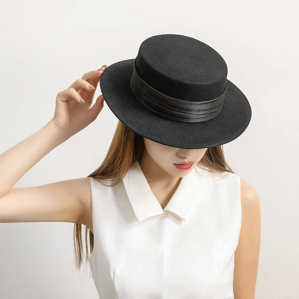 Autumn Winter New Fashion Simple Linen Ribbon Wool Flat Top Hat Women Outdoor Warm Felt Hat Trendy