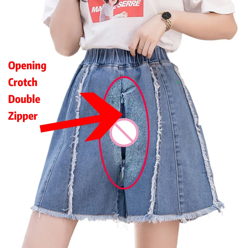 Woman Sexy Open Crotch Pants Skirt Jean Hidden Zipper Janpan Style Adult Toys Crotchless Shorts Thick Blue Outdoor Sex Costume