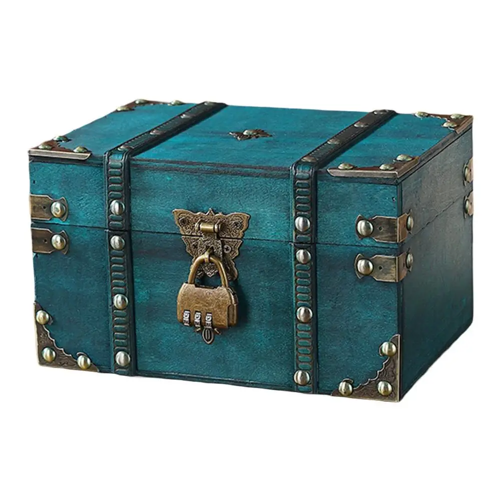 Vintage Wooden Desktop Storage Box Lock Jewelry Key Password Treasure Storage Box With Metal Lock Organizer Retro Decorative