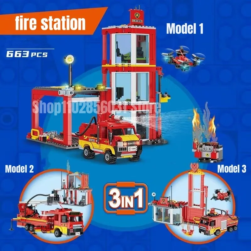 663pcs Fire Station Building Blocks Fire Engine Helicopter Bricks Model Toys for Children Gifts