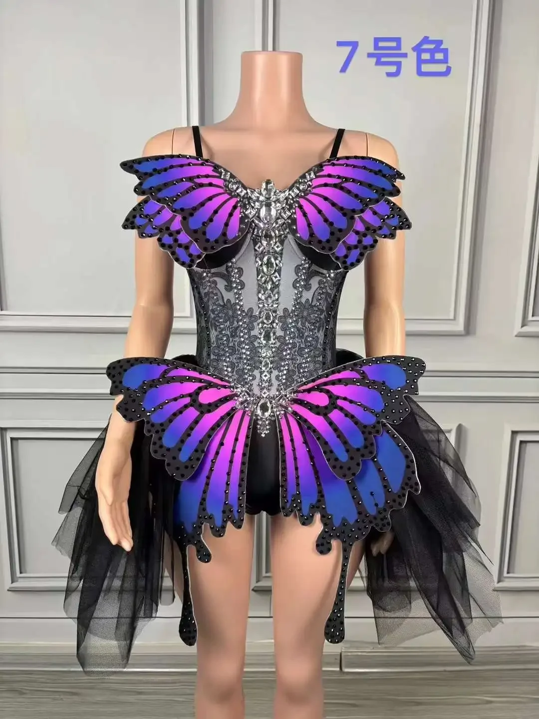 Il compleanno delle donne celebra il vestito da festa Performance Dance Butterfly Wing Sexy Stage Silver Crystals Colorful Spandex body