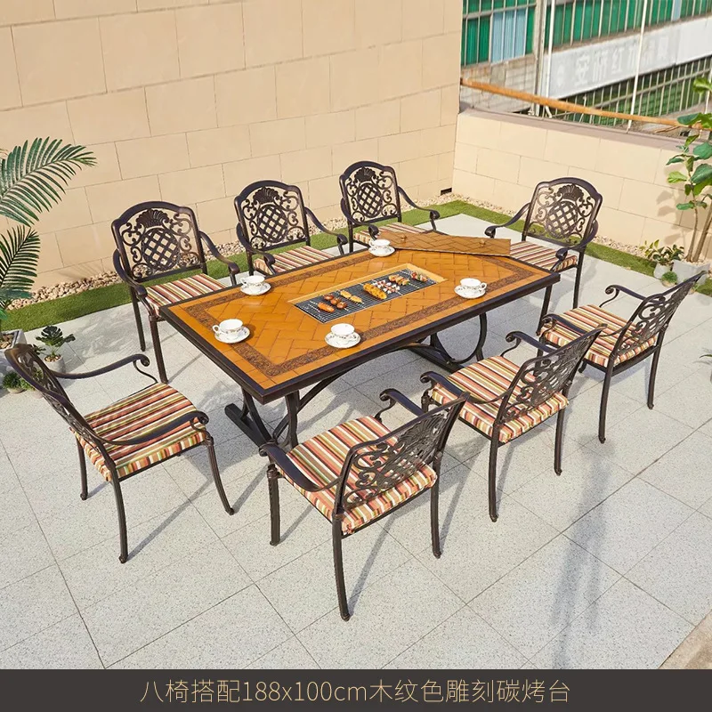 Outdoor courtyard leisure party barbecue tables and chairs cast aluminum waterproof sunscreen furniture barbecue tables