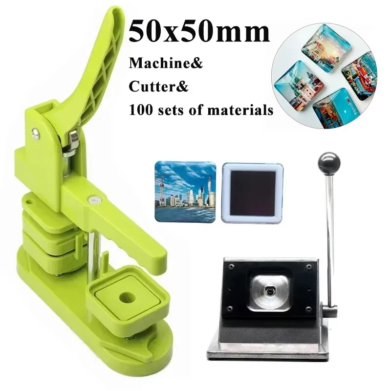 Square Fridge Magnet Machine 50x50 Full Set Machine and Cutter and 100 Sets of Materials Arc Refrigerator Magnet Green Pink Blue