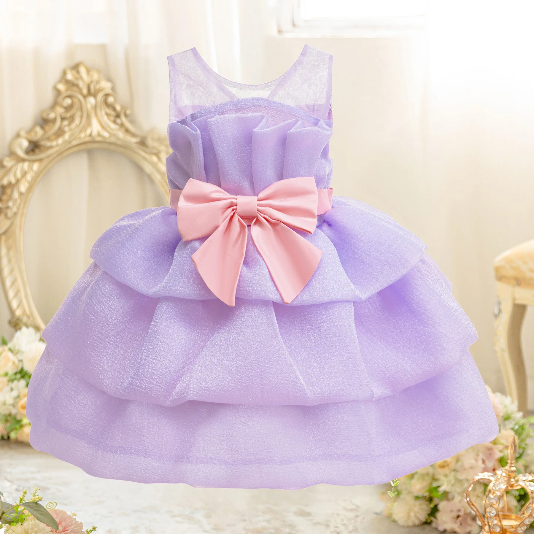 

Girl's Ceremonial Dress Children Layered Bow Princess Dress For Kids Wedding Bridesmaid Birthday Party Formal Evening Gown