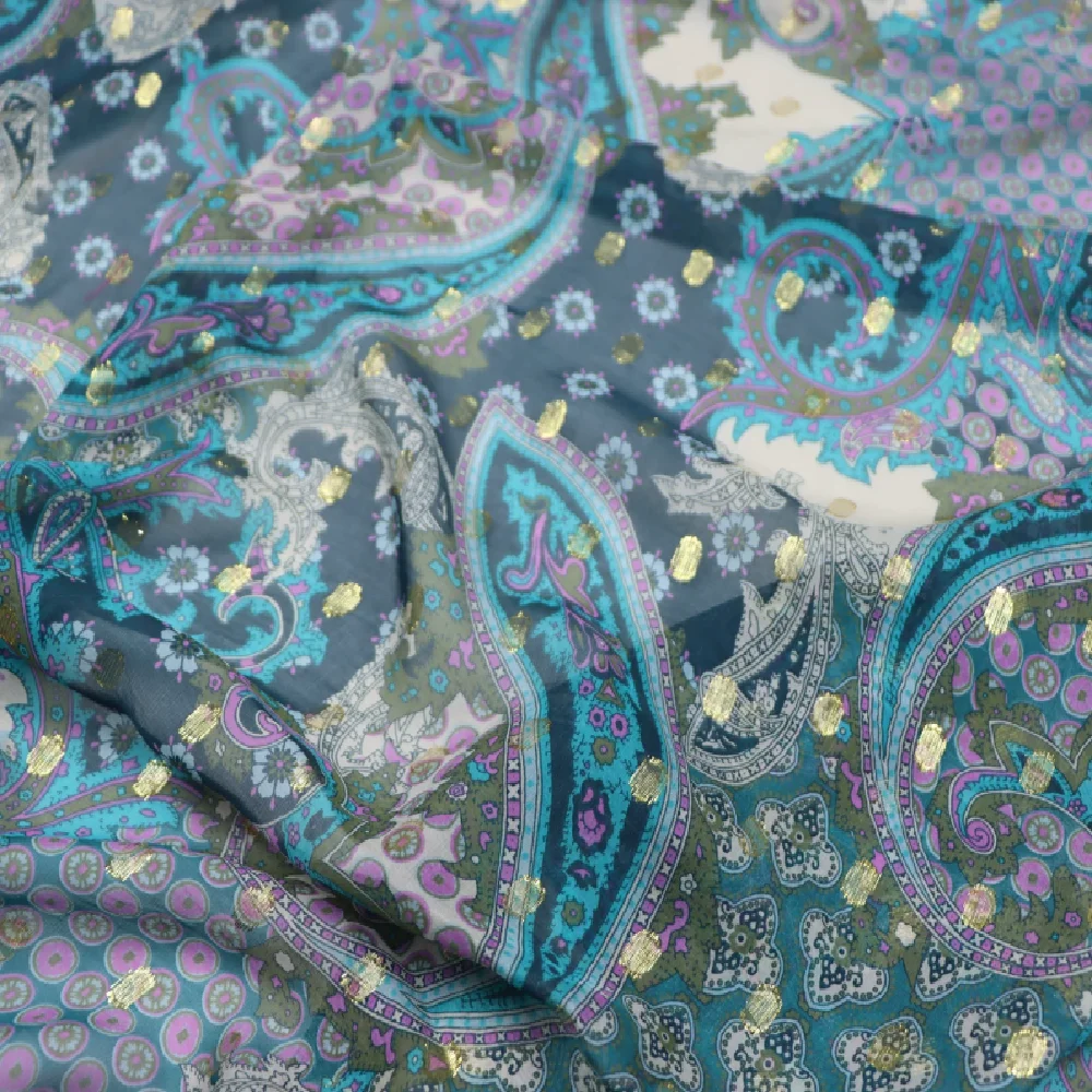 Classic Paisley Printed Shiny Gold Dots Jacquard Lurex Silk Metallic Fabirc for Breathable Girl Summer Dress Shawl Saree