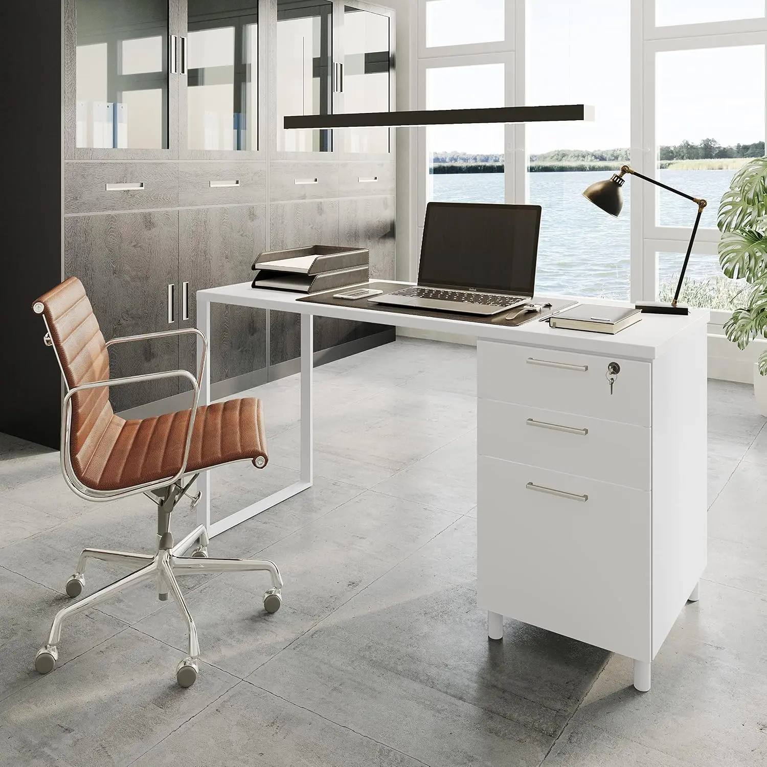 Milano Office Desk with 3 Locking Drawers, 48 Inch White Industrial Wood Desk with Filing Drawer and Storage