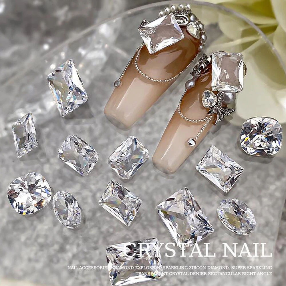 10pcs 3D Clear Rectangle K9 Nail Rhinestones 6*8mm Sparkling Crystal Diamond Nail Charms Glitter Luxury Diamond Nail Art Decor