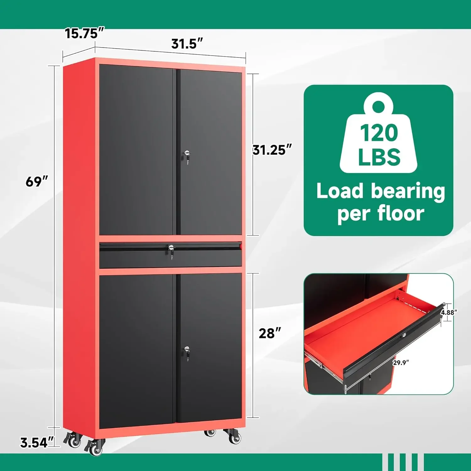 Metal Garage Storage Cabinet with Wheels,Rolling Tool Cabinet with Adjustable Shelves and Drawer for Garage Home Utility Room