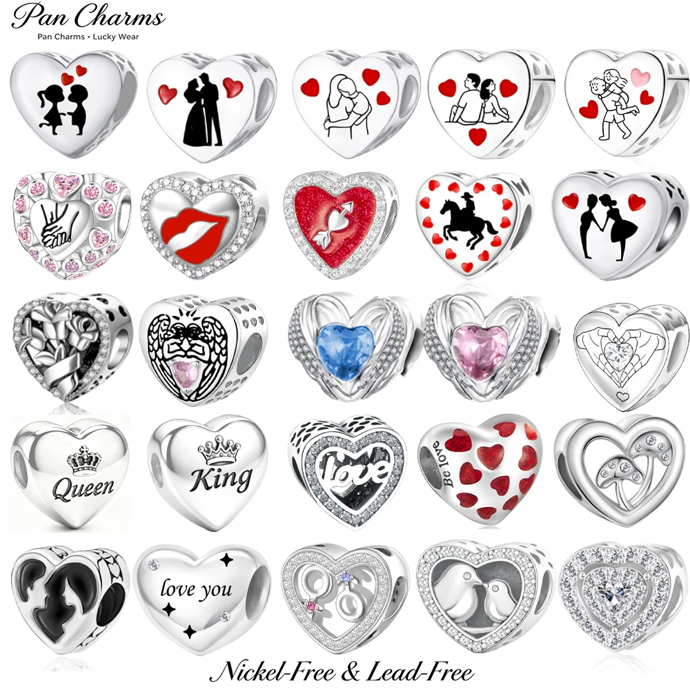 Pan Charms Heart Zircon Love Beads Couple Pendant Fit Original Bracelet Jewelry DIY Valentine Birthday Qixi Gift for Her Women