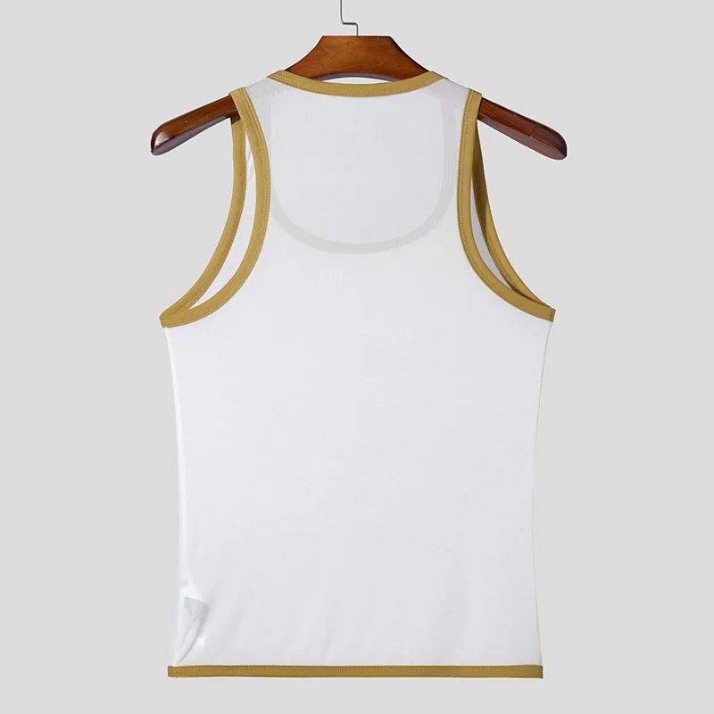 Neue Männer Mesh Tank Tops Sommer 2025, Clubwear Casual Weste U Neck Ärmellose Kontrast Farbe Fishnet T-shirt Komfortable Chic Tees – Detail 5
