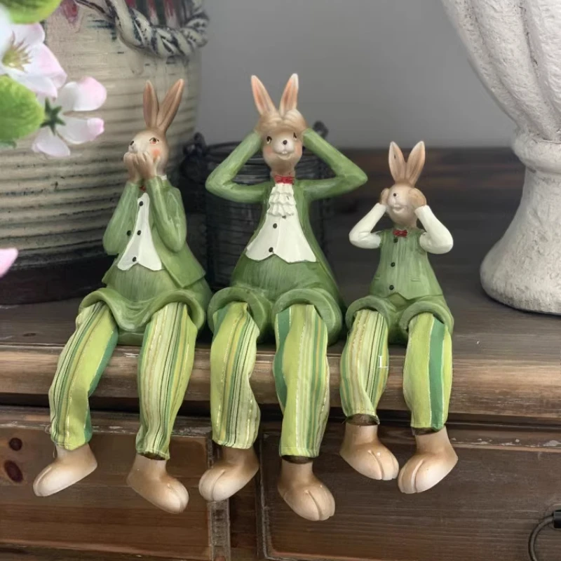 

3PCS Rabbit Hanging Foot Doll Rural Style Children's Creative Home Decor Atmosphere Resin Crafts Bedroom Desktop Cute Ornament