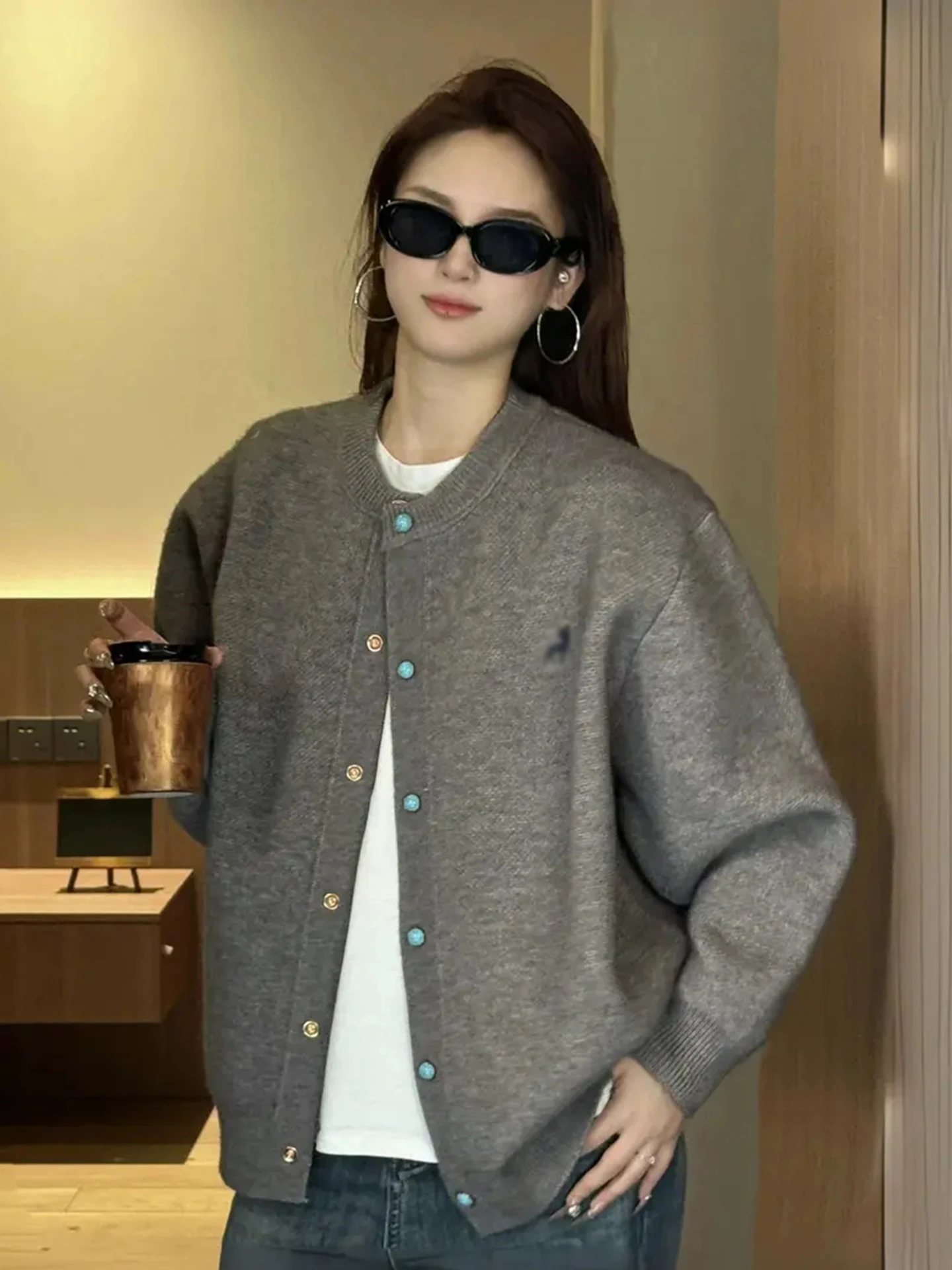 

Мужской ор-кардиган с бирюзовым ушком, вязаная верхняя одежда в американском стиле, осенний сезон, дышащее полиэфирное волокно