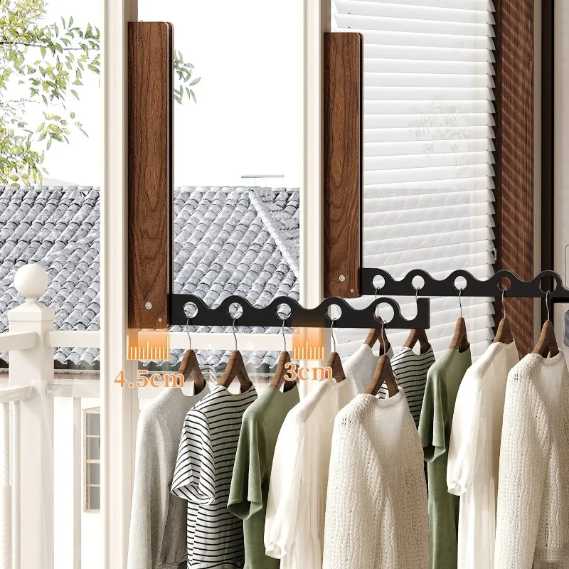 Walnut Foldable Wall Mounted Clothes Drying Rack, Retractable Hanging Drying Rod for Indoor Balcony, Space Saving Heavy Duty