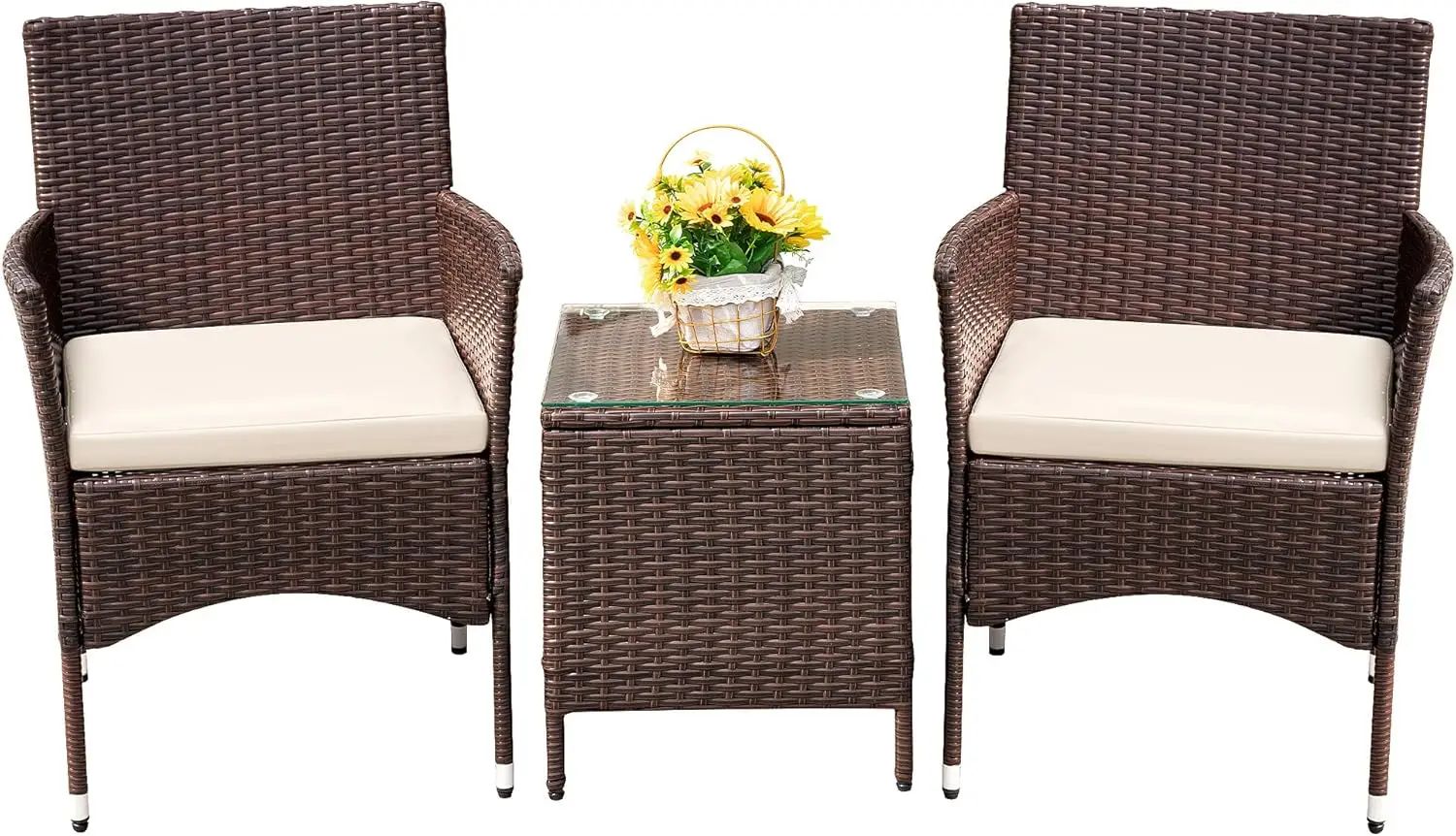 

Patio Porch Furniture Sets 3 Pieces PE Rattan Wicker Chairs with Table Outdoor Garden Furniture Sets (Brown/Beige)