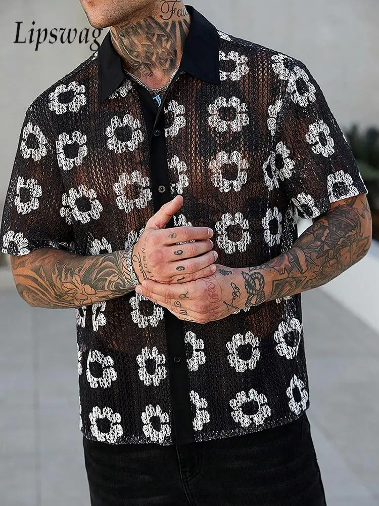 

Vintage Florals Embroidery Mesh Shirt Mens Summer Vacation Casual Men Shirts Fashion Short Sleeve Buttoned Lapel Breathable Tops