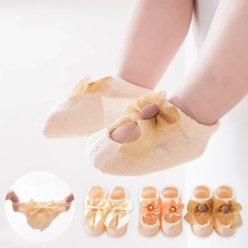 

3 Pairs Baby Girl Ankle Socks Lace Bow Infant Anti Slip Socks Newborn Princess Pearl Low Cut Socks Children Home Floor Shoes
