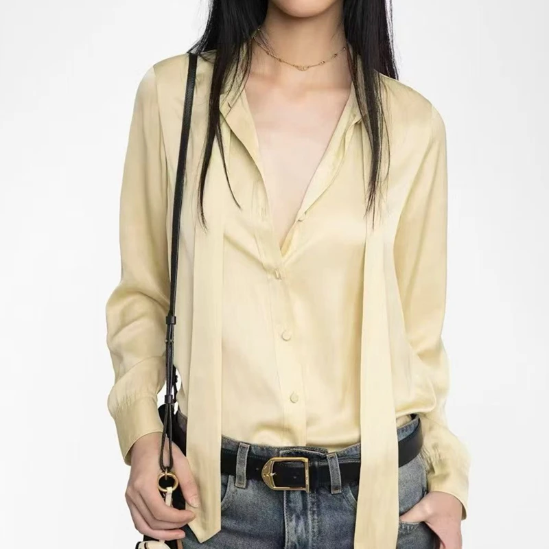 

Women's shirt autumn fashion casual texture silk slip collar ribbon bow light yellow long sleeved V-neck shirt