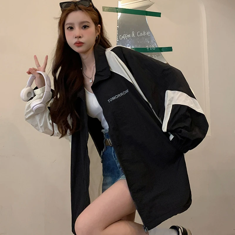 Harajuku Women Casual Jackets Korean Sweet Loose Zipper Patchwork Female Coats Preppy Style Fashion Ladies Sunscreen Coat