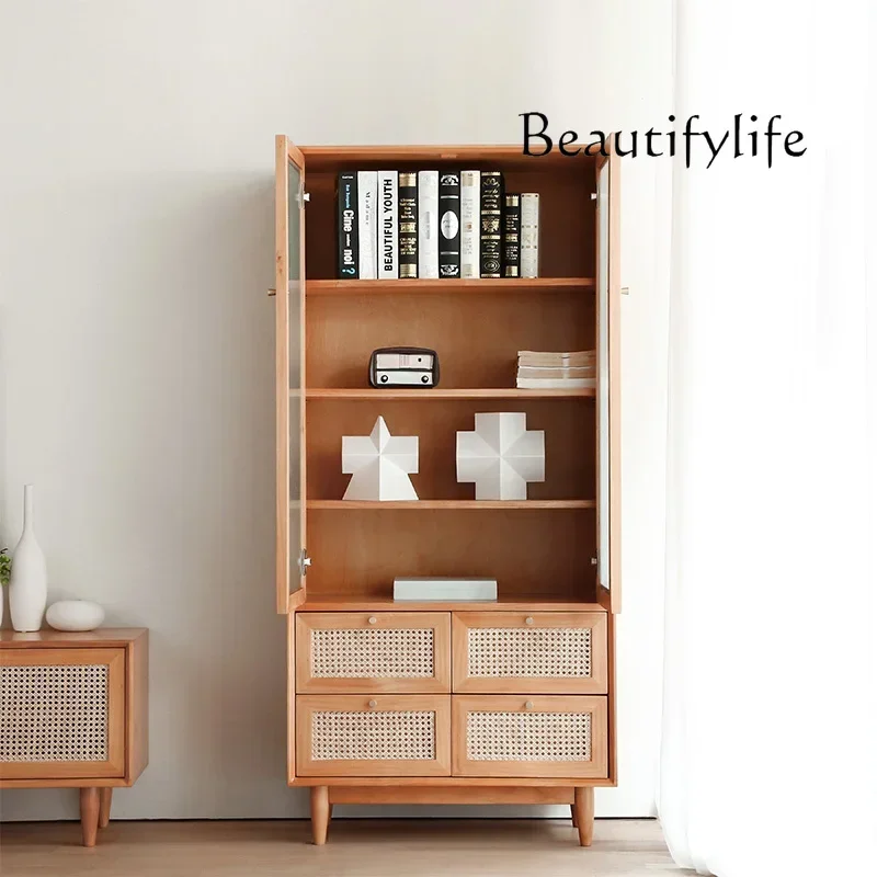 X Japanese-Style Simple Solid Wood Bookcase Nordic Rattan Living Room Wine Cabinet