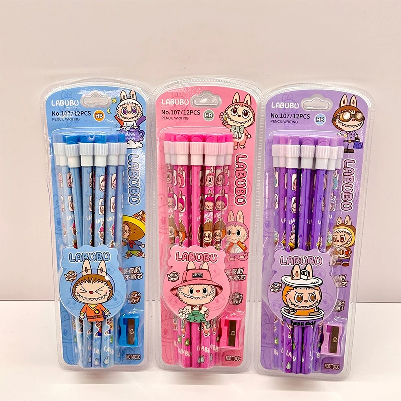 12Pcs Cartoon Labubu Pencil Set With Rubber Pencil Sharpener Student Writing Drawing Pencils Student Stationery School Supplies