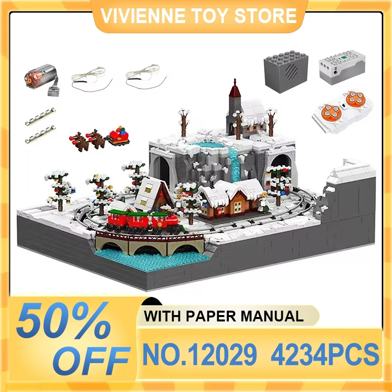 Mould King 12029 MOC Motorized Christmas Train Wonderland Model Building Block Brick Puzzle Assembly Toys Christmas Gift For Kid