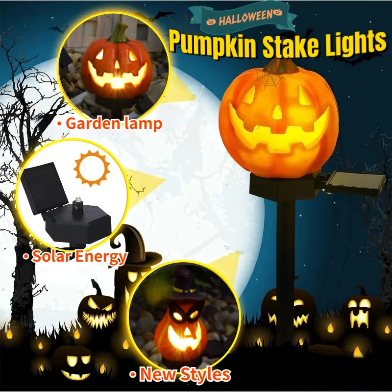 

3 Styles Halloween Solar Pumpkin Stake Lights with Hat/ Glasses Waterproof Solar Ground Lamp Garden Yard Lawn Pathway Decoration