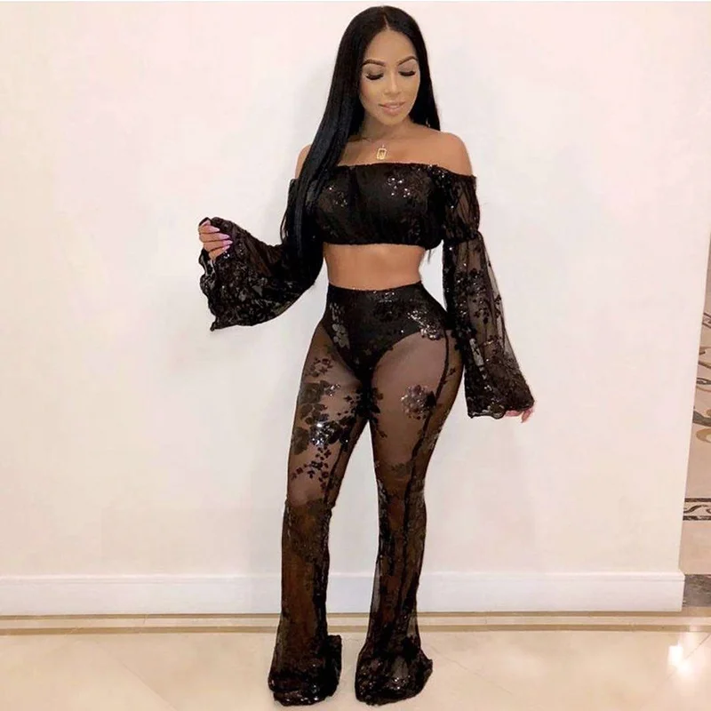 

Sexy One-oulder See-Tough Me Sequin Set with Flared Pants Faionable Night out Look Women's Ensemble Bright Sparkle