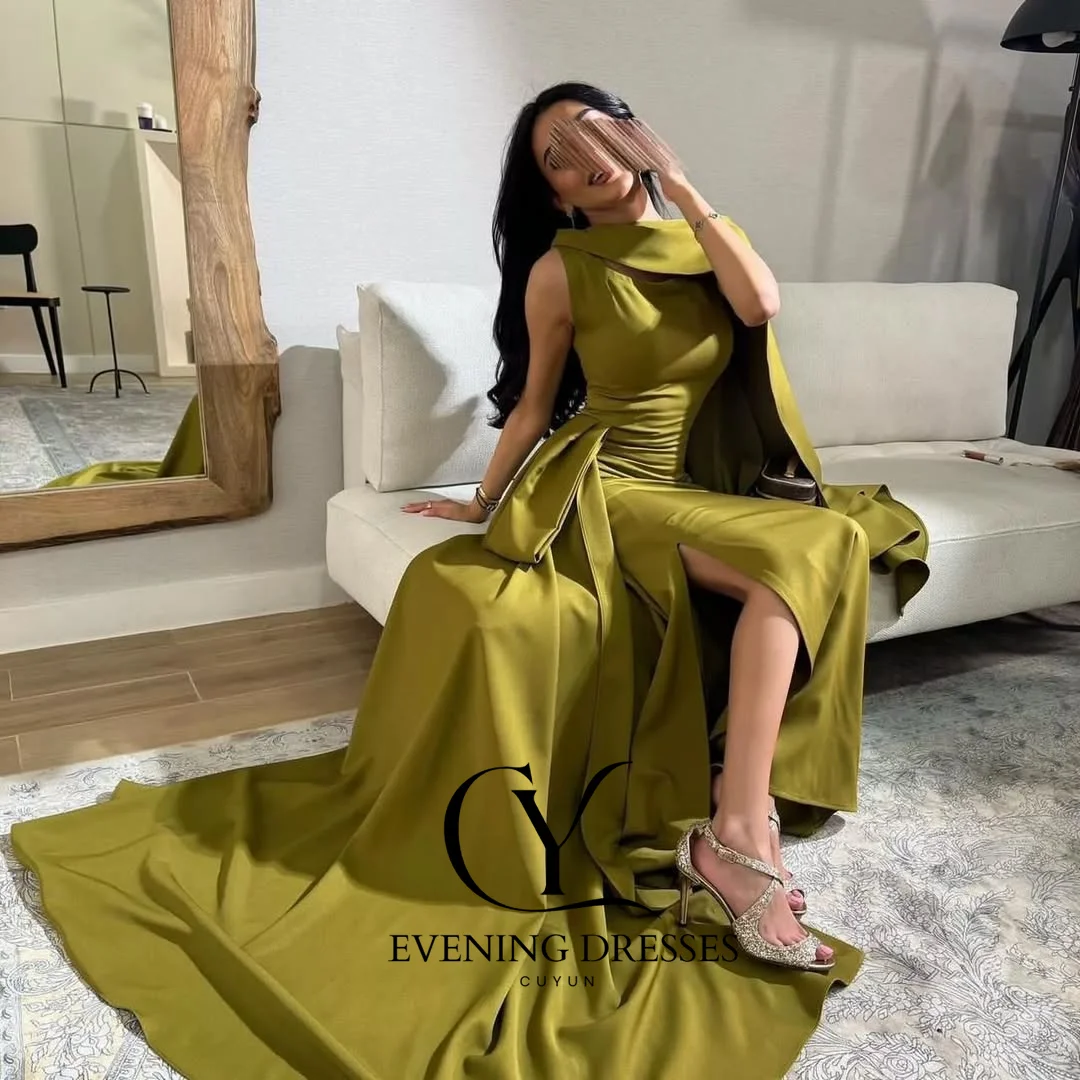 CUYUN Sage Green Saudi Evening Gown Sleeveless Customized Elegant Formal Event Dresses Prom Party Gown for Wedding Banquet