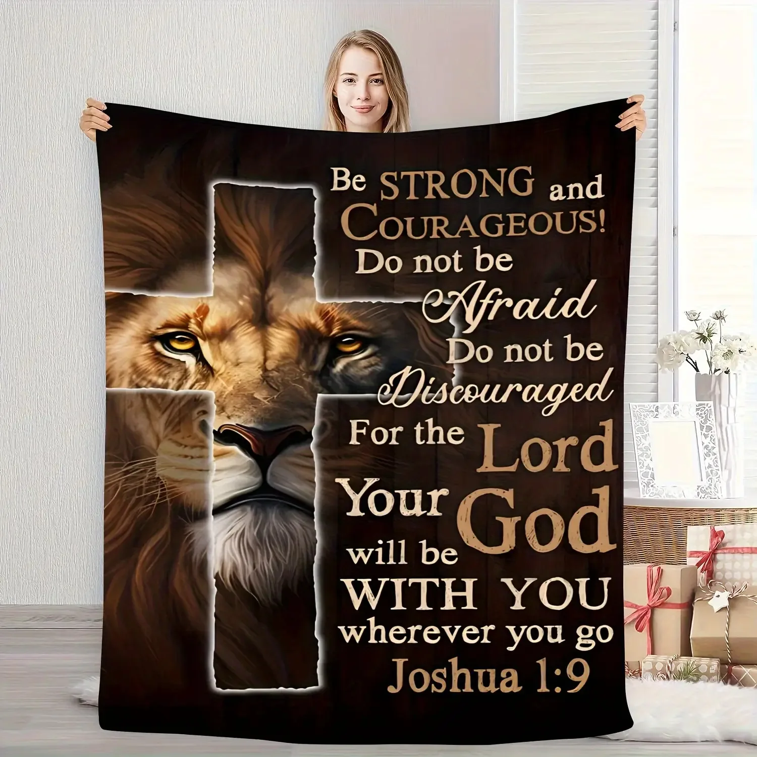 Customize 1pc Christian Religious Inspirational Bible Verse Flannel Blanket- Joshua 1:9, Soft and Warm Shawl with Lion of Judah